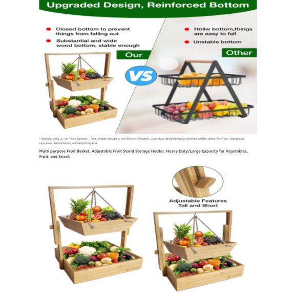 2-Tier Hanging Wooden Fruit Basket & Veggie Stand w/ Adjustable Height - Picture 7 of 10